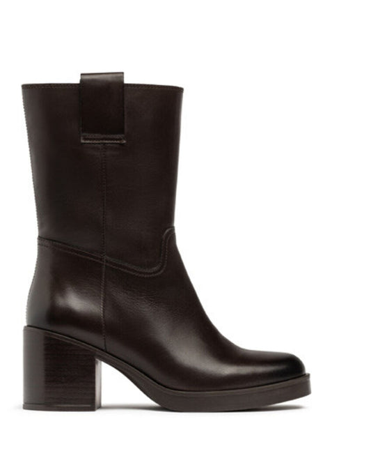 Brown Leather Mid-Calf Boots with Block Heel