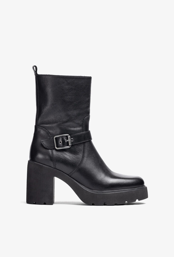 Black Leather Platform Ankle Boots with Buckle