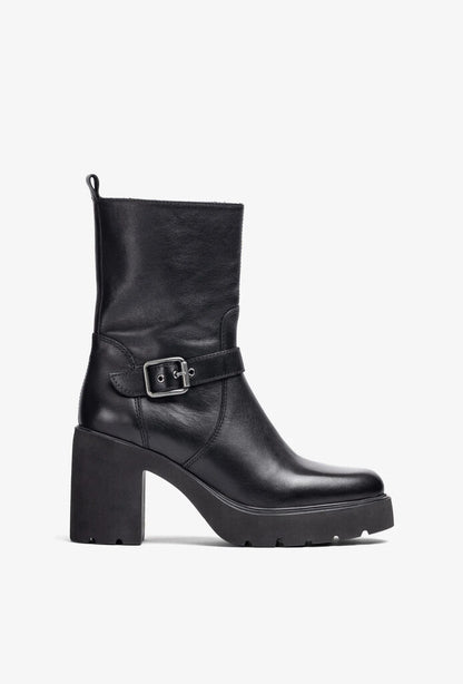 Black Leather Platform Ankle Boots with Buckle