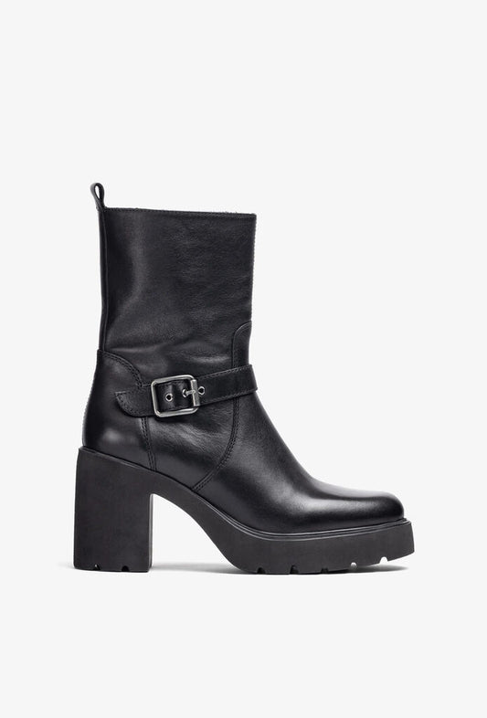 Black Leather Platform Ankle Boots with Buckle