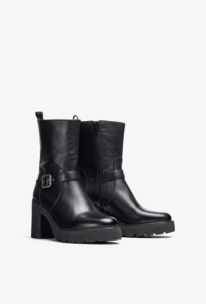 Black Leather Platform Ankle Boots with Buckle