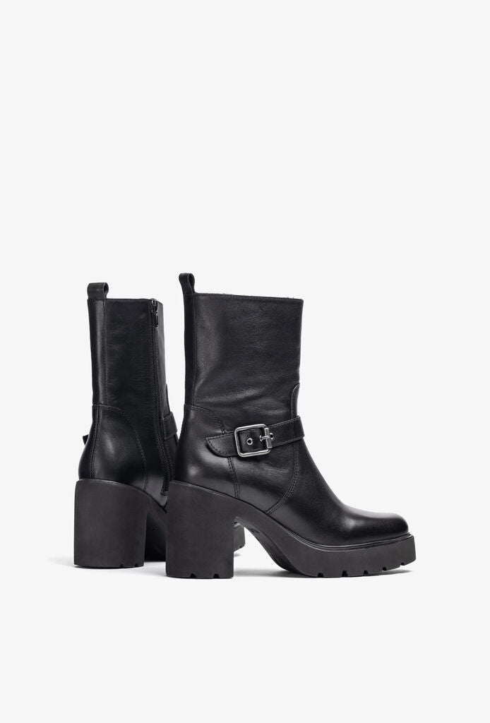 Black Leather Platform Ankle Boots with Buckle