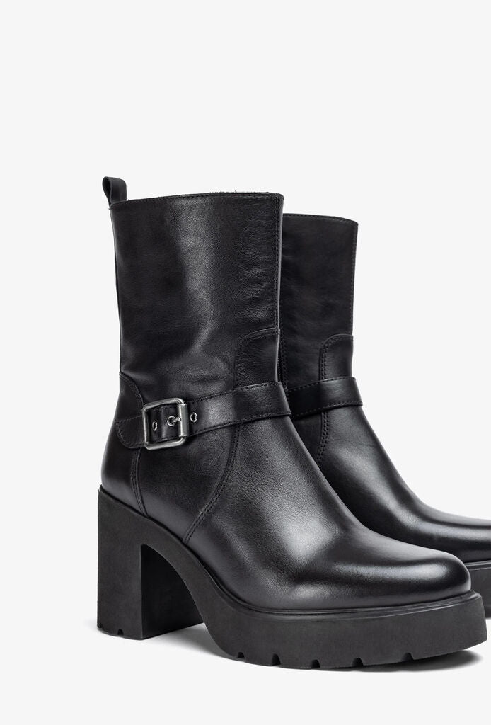Black Leather Platform Ankle Boots with Buckle