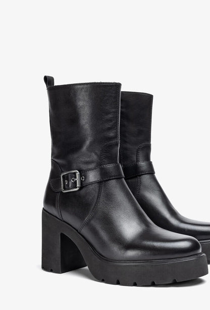 Black Leather Platform Ankle Boots with Buckle