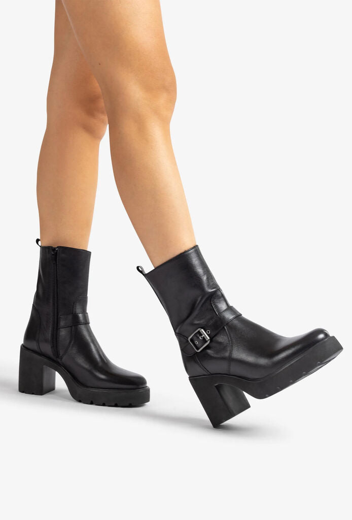 Black Leather Platform Ankle Boots with Buckle