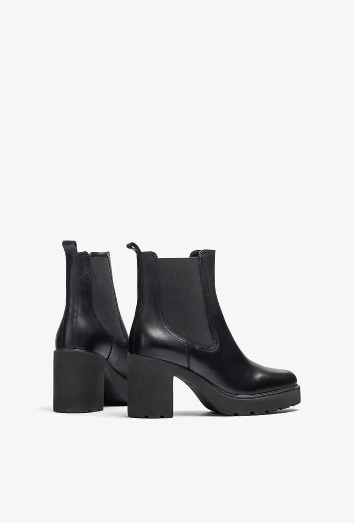 Black Leather Ankle Boot with Block Heel