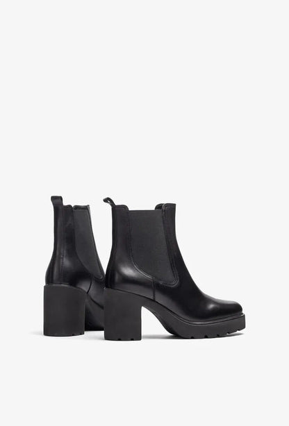 Black Leather Ankle Boot with Block Heel