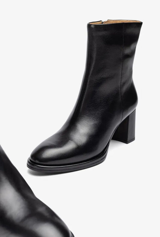 Black Leather Ankle Boots with Block Heel