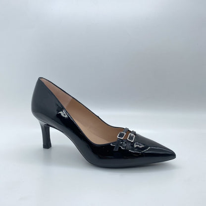 Black Patent Leather Pumps with Bow Detail