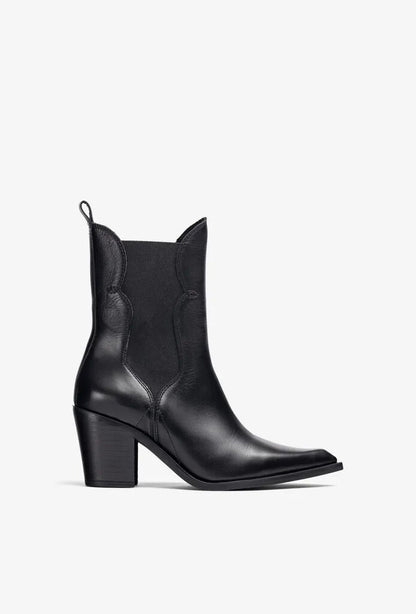 Black Leather Cowboy Ankle Boots with Block Heel