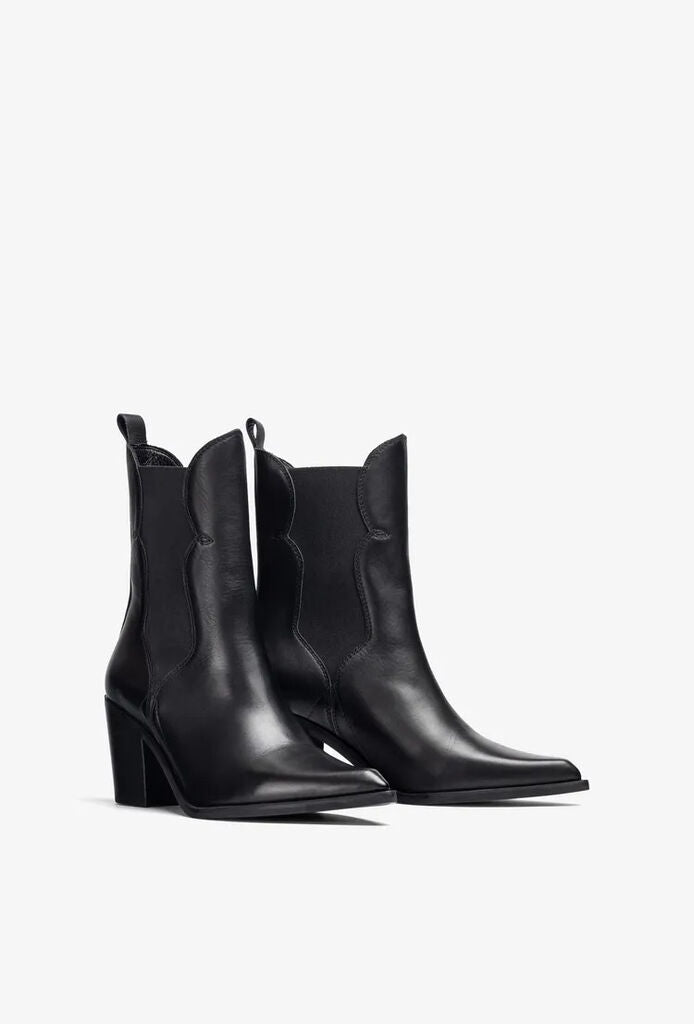 Black Leather Cowboy Ankle Boots with Block Heel