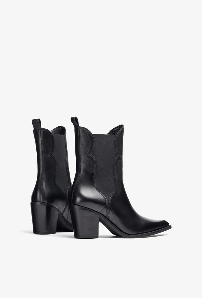 Black Leather Cowboy Ankle Boots with Block Heel