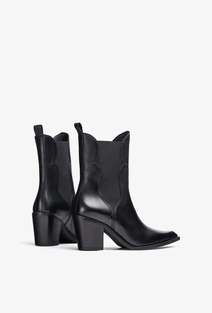 Black Leather Cowboy Ankle Boots with Block Heel
