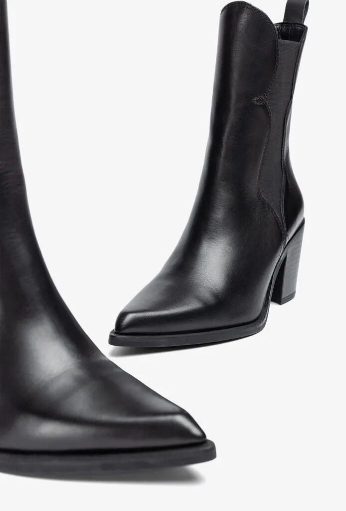 Black Leather Cowboy Ankle Boots with Block Heel