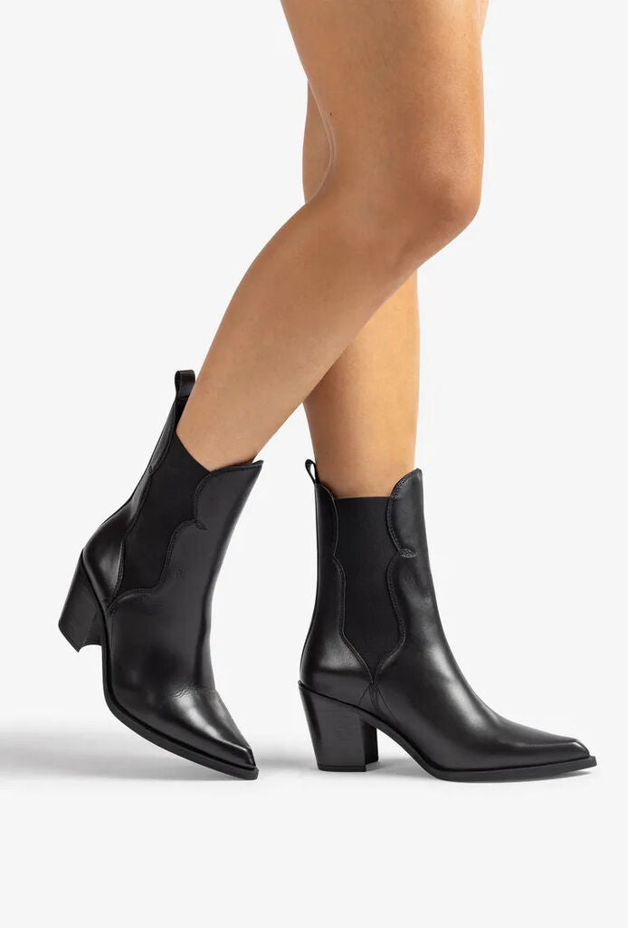 Black Leather Cowboy Ankle Boots with Block Heel