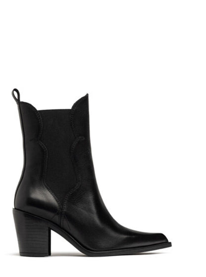 Black Leather Cowboy Ankle Boots with Block Heel