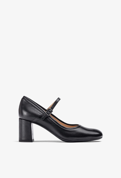 Black Leather Mary Jane Block Heel Shoe
