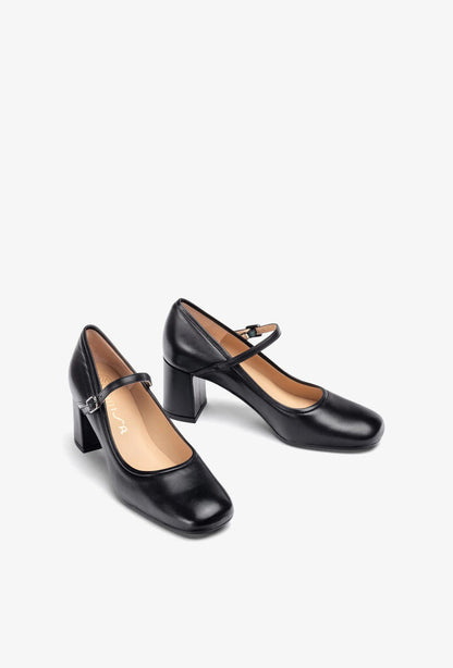 Black Leather Mary Jane Block Heel Shoe