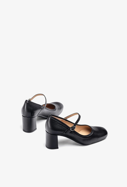 Black Leather Mary Jane Block Heel Shoe