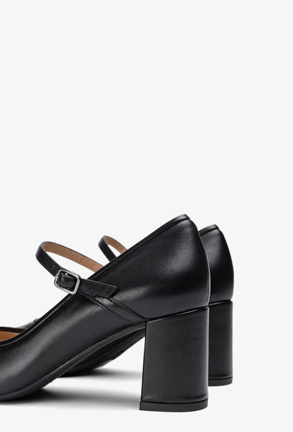 Black Leather Mary Jane Block Heel Shoe