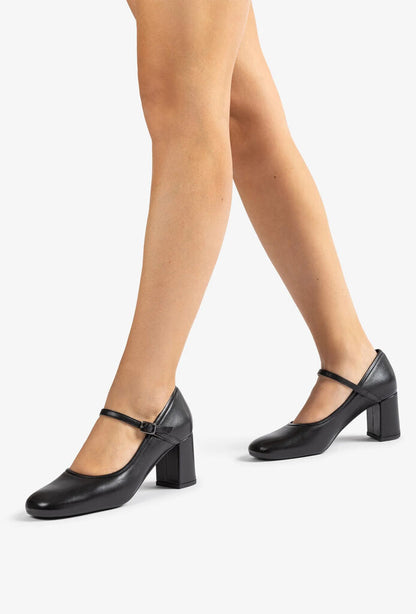 Black Leather Mary Jane Block Heel Shoe