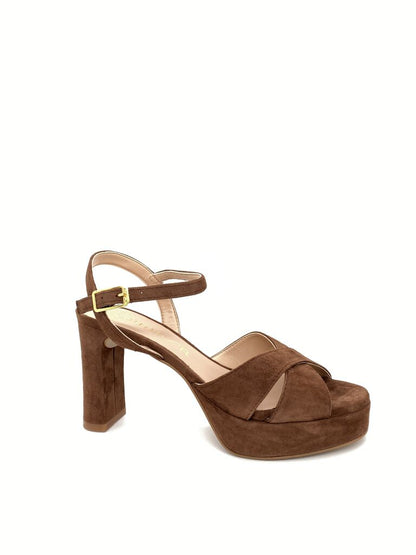 Brown Suede Platform Heel Sandal with Ankle Strap