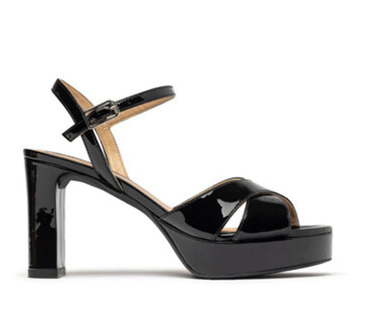Black Patent Platform Sandal with Ankle Strap