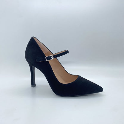 Black Suede Mary Jane Heels with Strap Detail