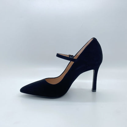Black Suede Mary Jane Heels with Strap Detail