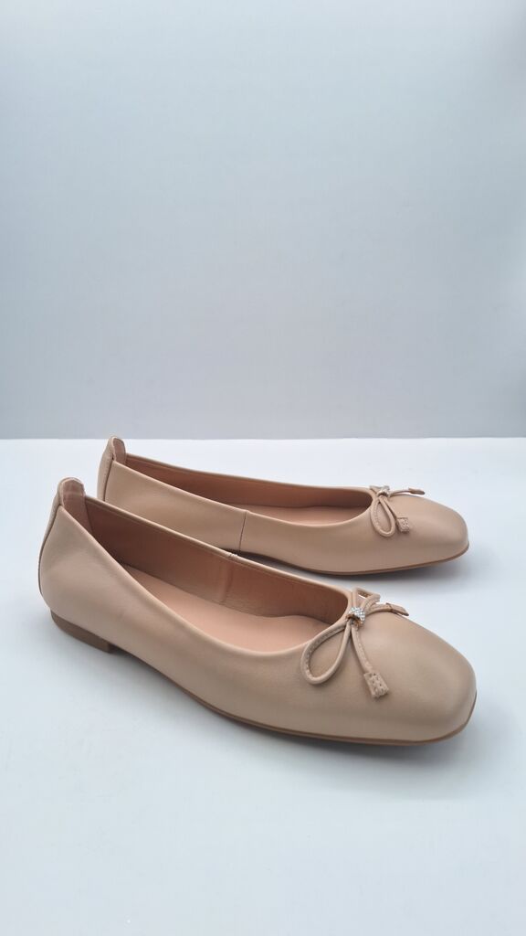 Beige Leather Ballet Flats with Bow Detail