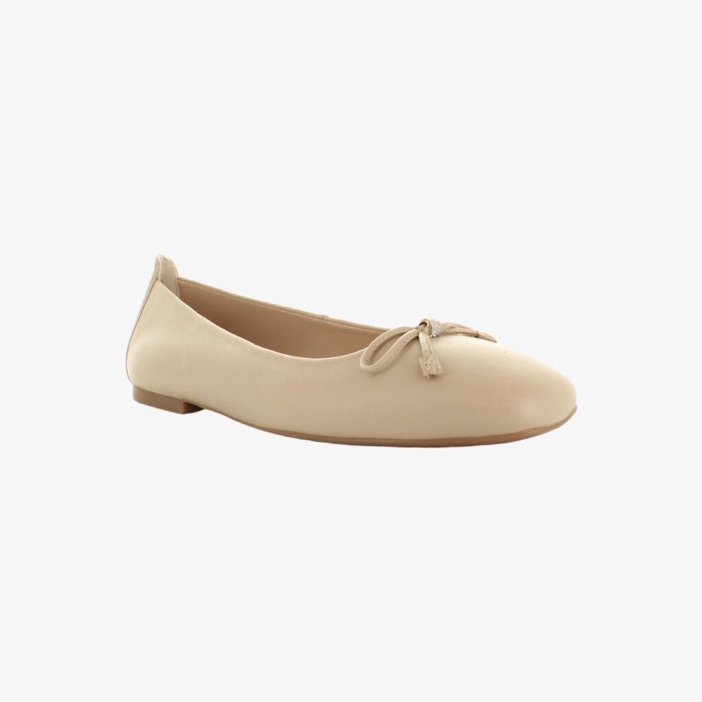 Beige Leather Ballet Flats with Bow Detail