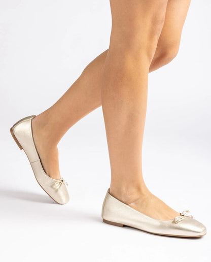 Gold Satin Ballet Flats with Bow Detail