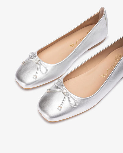 Silver Metallic Ballet Flats with Tassel Detail