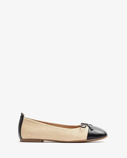 Black and Beige Woven Ballet Flats with Bow Detail