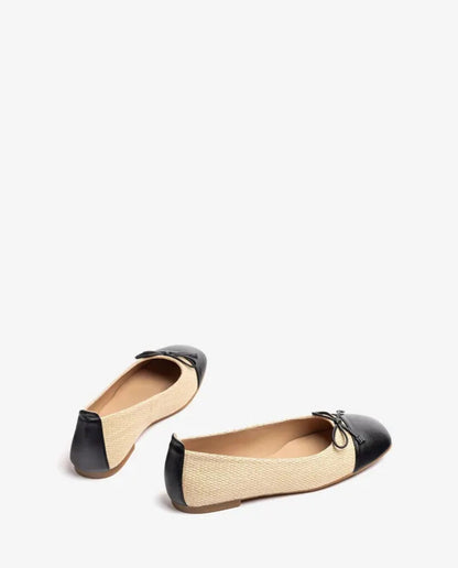 Black and Beige Woven Ballet Flats with Bow Detail