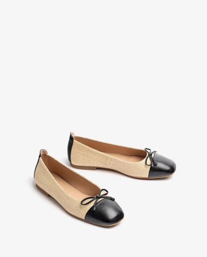 Black and Beige Woven Ballet Flats with Bow Detail
