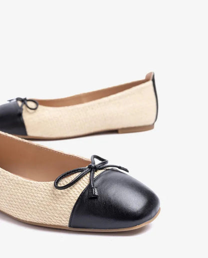 Black and Beige Woven Ballet Flats with Bow Detail