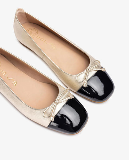 Gold and Black Ballerina Flats with Bow Detail
