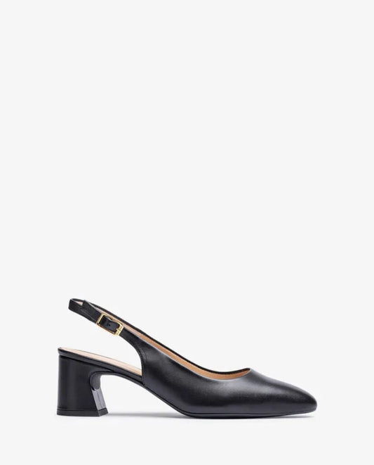 Black Slingback Leather Heels with Block Heel