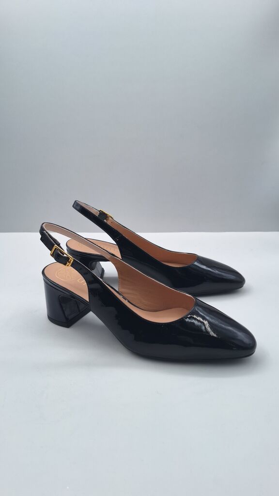 Black Patent Leather Slingback Heels with Block Heel