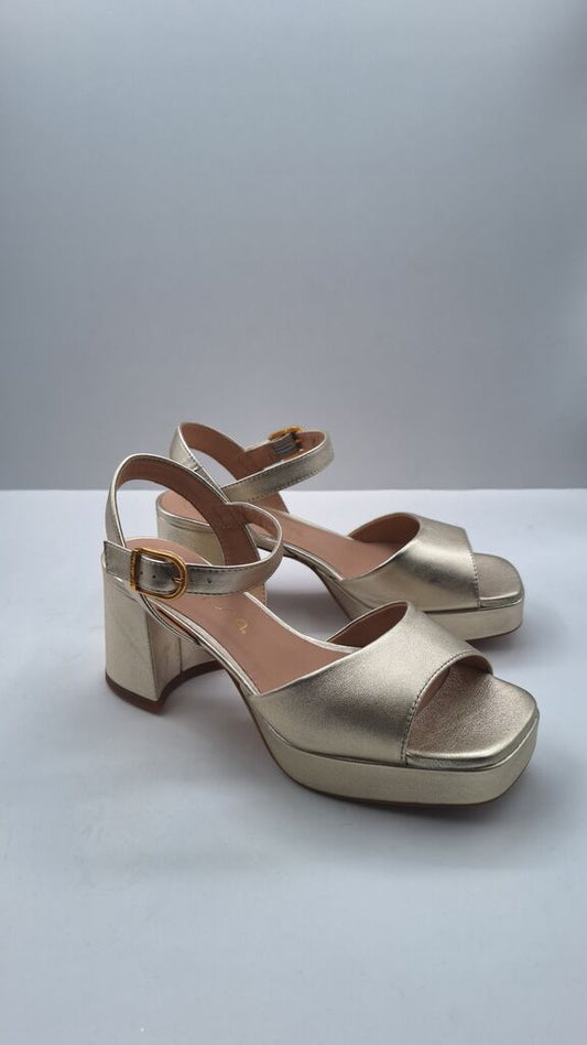 Gold Textured Platform Sandals with Buckle Strap