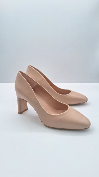 Nude Leather Block Heel Pump