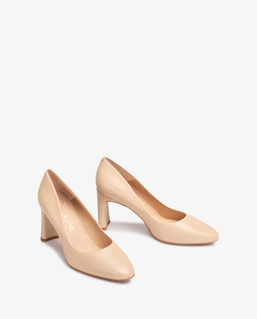 Nude Leather Block Heel Pump