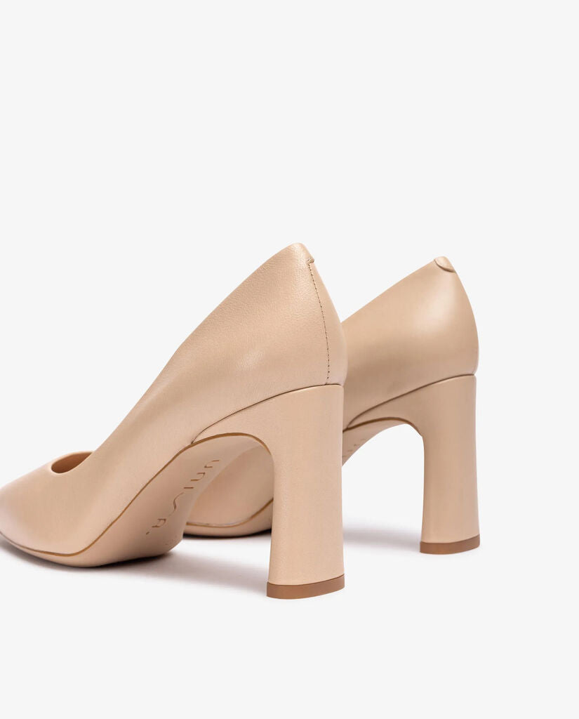 Nude Leather Block Heel Pump