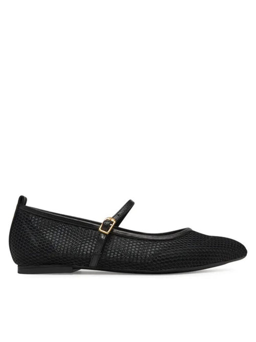 Black Textured Ballet Flats with Buckle Strap