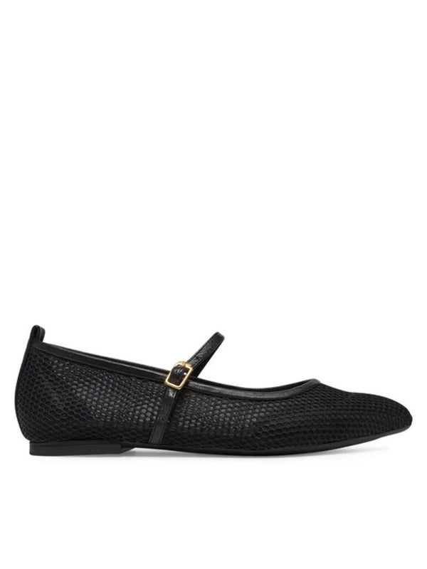 Black Textured Ballet Flats with Buckle Strap