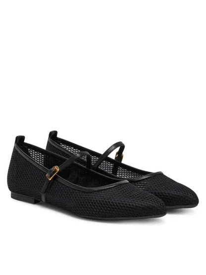 Black Textured Ballet Flats with Buckle Strap