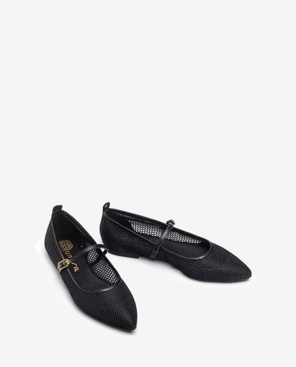 Black Textured Ballet Flats with Buckle Strap