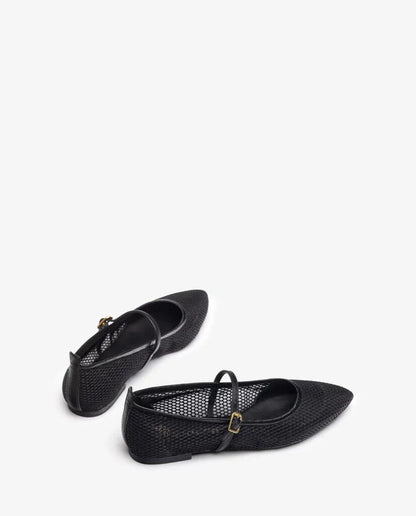 Black Textured Ballet Flats with Buckle Strap
