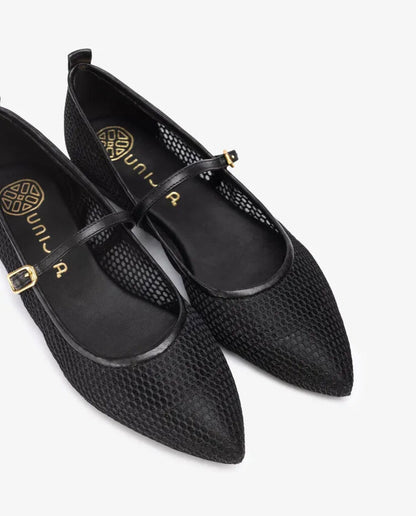 Black Textured Ballet Flats with Buckle Strap